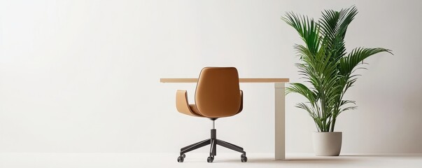 Startup culture growth hacking concept. A minimalist workspace featuring a wooden desk, a brown chair, and a decorative green plant against a neutral wall.