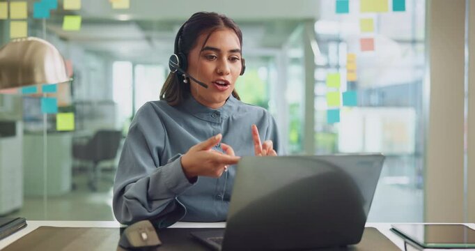 Laptop, woman and receptionist with headset in office with online enquiry for client booking. Computer, audio tech and female virtual assistant with call for appointment scheduling with company.