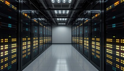 Data center operations high-tech server room cloud computing environment modern infrastructure interior view
