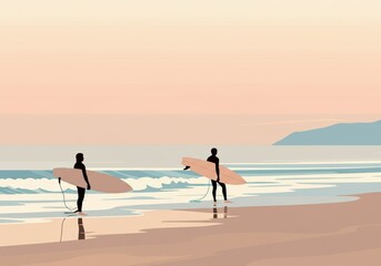Fototapeta premium Two surfers preparing to catch waves at a serene beach during sunset