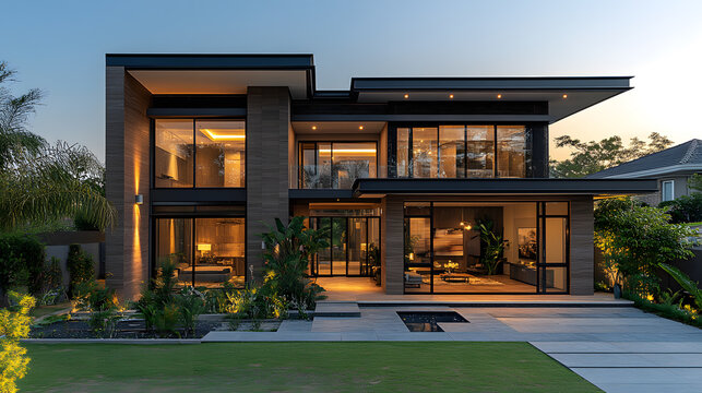 This stunning stock photo showcases a beautifully crafted modern house design featuring a bold and sophisticated facade with a warm color palette and exquisite attention to detail.