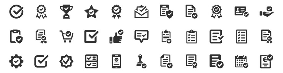 Checkmark, approval icon set. Vector glyph pictograms of validation, certification, confirmation concept, checklists, documents, awards, and security verification black silhouette illustration.