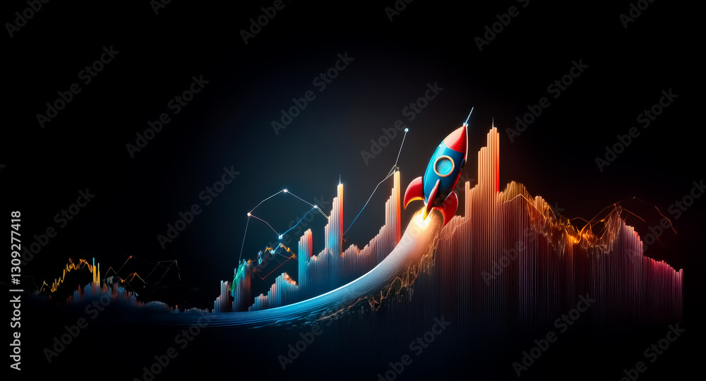 Leinwandbilder a rocket ascends above a dynamic graph showcasing an upward trajectory, symbolizing growth and aspir