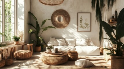 A warm and organic living space with natural materials, earthy tones, sustainable decor, and abundant indoor plants for a refreshing ambiance.