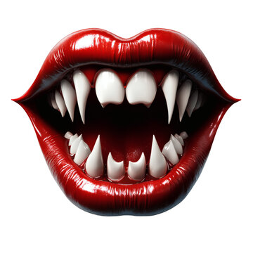  A mouth with vampire fangs showing on the top row of teeth on transparent background
