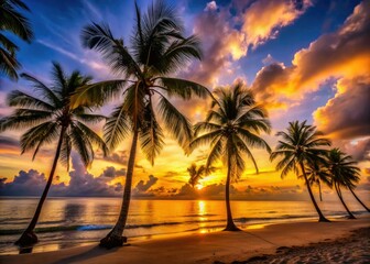 Sunset paints palm tree silhouettes against a calm ocean, a coastal haven.