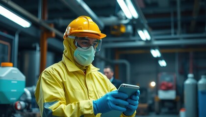 Safety protocols in industrial settings worker using smartphone manufacturing facility photo indoor environment close-up perspective