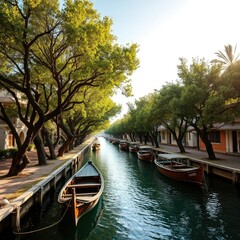Obraz premium Calle vacía con árboles centenarios bajo un cielo dorado, wooden boats, afternoon