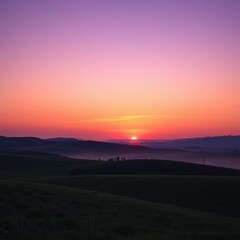 Calming landscape with gradient purple blue green hues, calmness, sunset