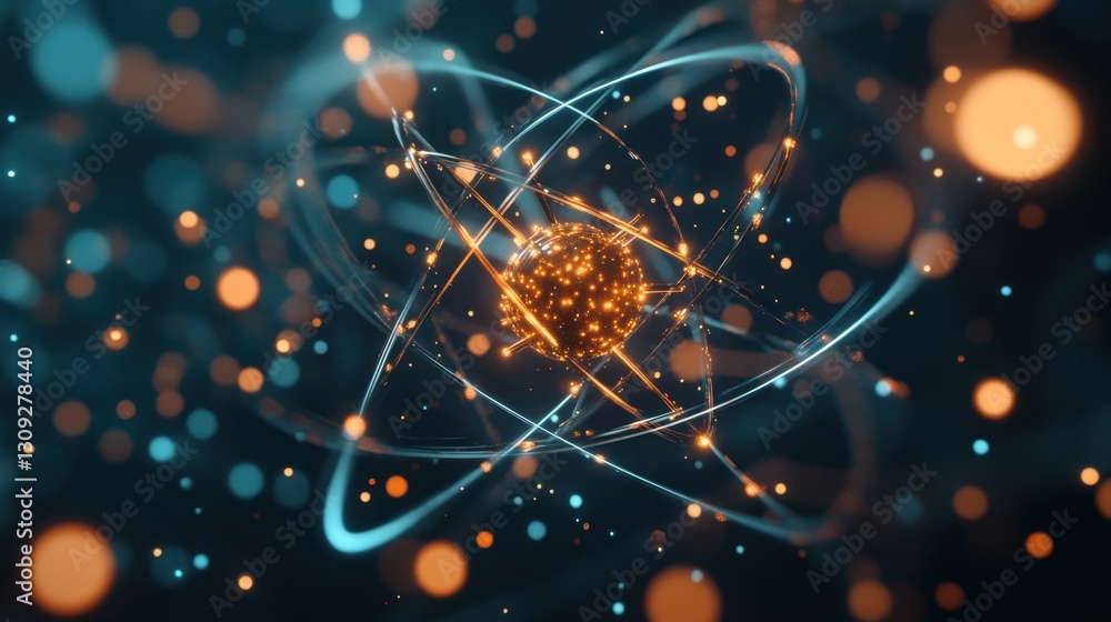 Poster futuristic atom model with glowing particles and orbiting electrons, perfect for science concepts.