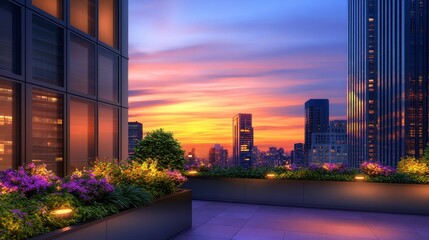 Fototapeta premium Stunning sunset view from a rooftop garden overlooking a vibrant city skyline at dusk