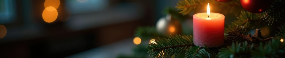 Twinkling candles on a rustic handmade Christmas tree branch, twinkling, ornaments, tree