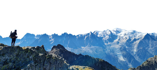 hiker admiring the mountain landscape in the alps - mont blanc - without sky