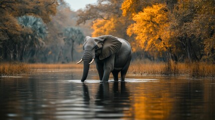 Obraz premium Majestic elephant wading autumnal water tranquil scene