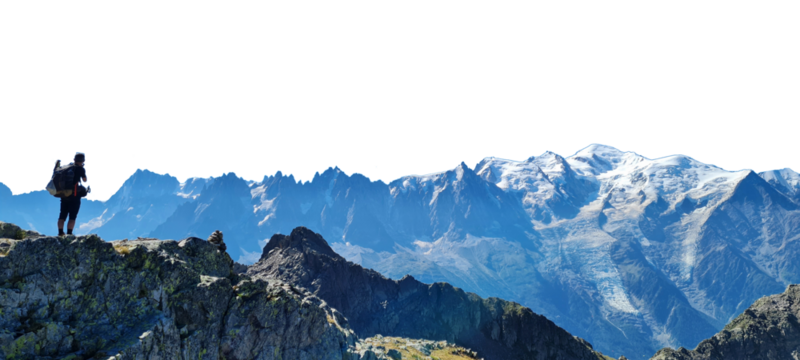 hiker admiring the mountain landscape in the alps - mont blanc - without sky