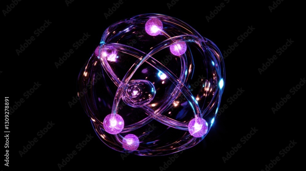Aufkleber futuristic atom model with glowing particles and orbiting electrons, perfect for science concepts.