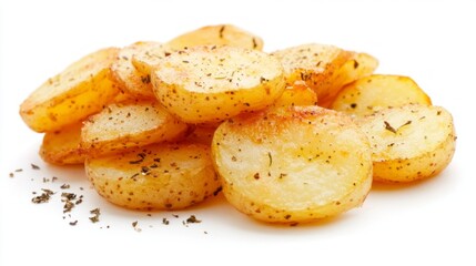 Golden fried potato slices arranged artfully, showcasing their crispy texture and inviting aroma, with hints of herbs sprinkled for a touch of flavor on a bright white background