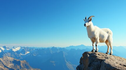 Majestic goat standing atop a rocky peak with breathtaking mountain views in the background