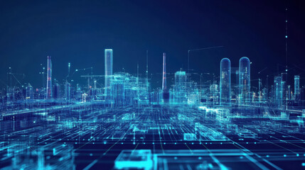 futuristic cityscape is depicted with digital twin technology, showcasing network of AI powered simulations and glowing blue lines representing data flow