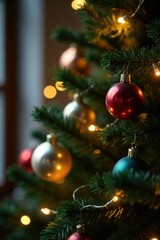 Obraz premium Twinkling string of fairy lights on Christmas tree, festive, ornaments