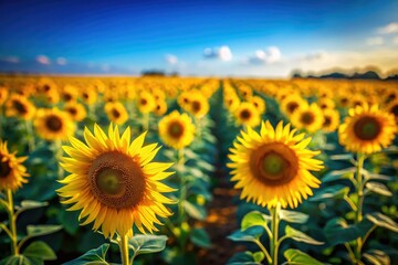 Obraz premium Tilt-shift photography captures blooming sunflowers as tiny wonders under a brilliant blue sky. High resolution.