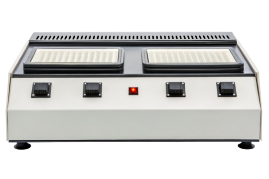 Laboratory equipment with dual heating plates and control knobs isolated with transparent background