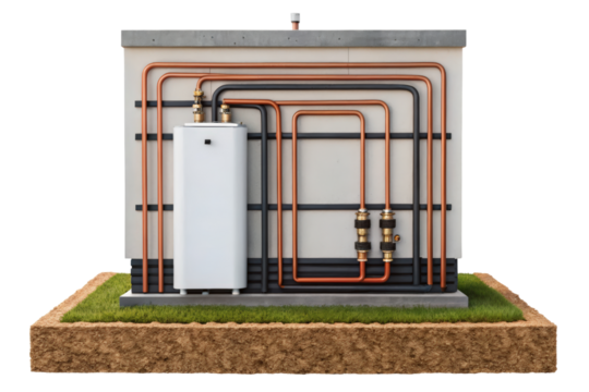 Geothermal heating system diagram isolated with transparent background