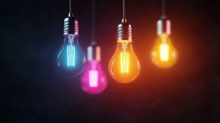 A collection of artistic light bulbs glowing in vibrant colors embodies creativity, innovation, and the interplay of light, inviting viewers to appreciate design and illumination.