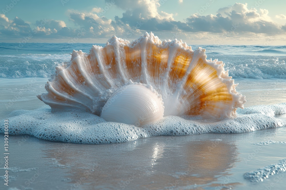 Poster surreal shell resting on a sandy beach with gentle waves and a cloudy sky