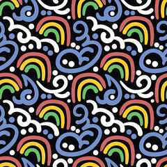 Rainbow seamless pattern with blue sky doodle in black background.