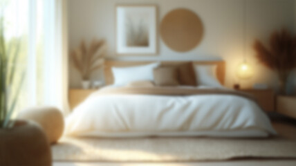 Blurred background of a serene scandinavian bedroom featuring soft lighting, natural wood accents, and peaceful decor. perfect for creating a calming atmosphere in your home. Ai Generated Images