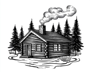 A rustic wooden cabin in the forest, with smoke curling from the chimney, engraving and scratch board style sketch, black and white illustration