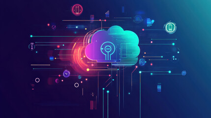 Fototapeta premium vibrant digital illustration of cloud computing with AI integration, showcasing futuristic technology and data flow. image features colorful cloud icons and abstract lines representing