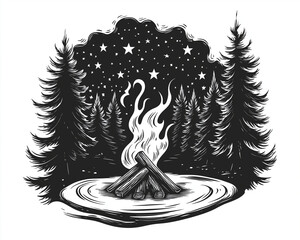 A remote forest clearing with a campfire burning under the stars, engraving and scratch board style sketch, black and white illustration