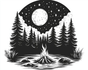 A remote forest clearing with a campfire burning under the stars, engraving and scratch board style sketch, black and white illustration