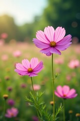 Pink cosmos flowers sway gently in a summer field , earth, botany, plant