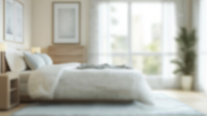 Blurred background of a serene scandinavian bedroom featuring soft lighting, natural wood accents, and peaceful decor. perfect for creating a calming atmosphere in your home. Ai Generated Images