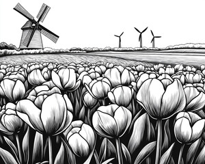 A tulip field in spring, with windmills in the background, engraving and scratch board style sketch, black and white illustration