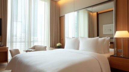 Fototapeta premium Modern hotel room with large bed, city view, and minimalist decor.