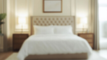 Blurred background of a serene scandinavian bedroom featuring soft lighting, natural wood accents, and peaceful decor. perfect for creating a calming atmosphere in your home. Ai Generated Images