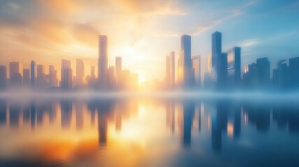 Fototapeta premium Modern cityscape with reflective waterfront at sunrise for urban design inspiration. 3D urban landscape