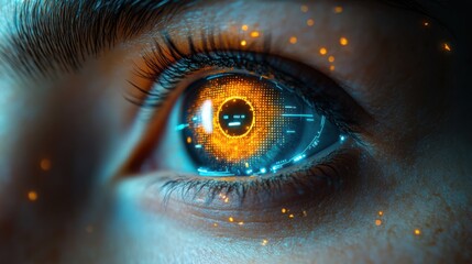 Close up of Futuristic Human Eye with Digital Overlay Cyberpunk Style