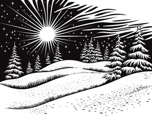 A snowy landscape with frost-covered trees and a glowing sunrise, engraving and scratch board style sketch, black and white illustration