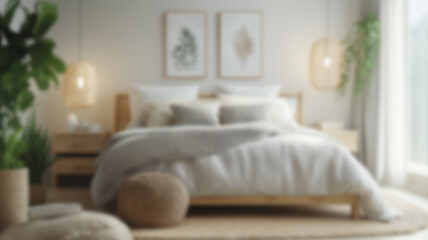Blurred background of a serene scandinavian bedroom featuring soft lighting, natural wood accents, and peaceful decor. perfect for creating a calming atmosphere in your home. Ai Generated Images