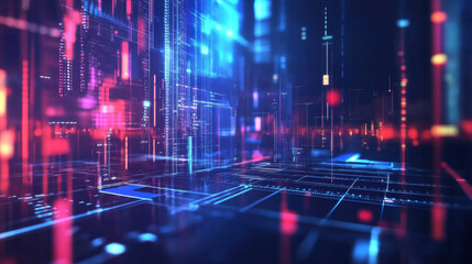 vibrant digital landscape with glowing lines and grids represents dynamic world of financial technology and AI driven fintech solutions