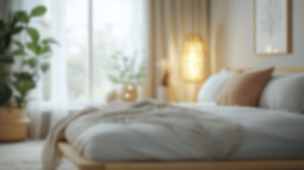 Blurred background of a serene scandinavian bedroom featuring soft lighting, natural wood accents, and peaceful decor. perfect for creating a calming atmosphere in your home. Ai Generated Images