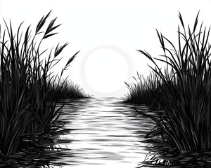 A moody marshland at dusk, with reeds and dark, reflective waters, engraving and scratch board style sketch, black and white illustration