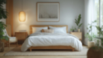 Blurred background of a serene scandinavian bedroom featuring soft lighting, natural wood accents, and peaceful decor. perfect for creating a calming atmosphere in your home. Ai Generated Images