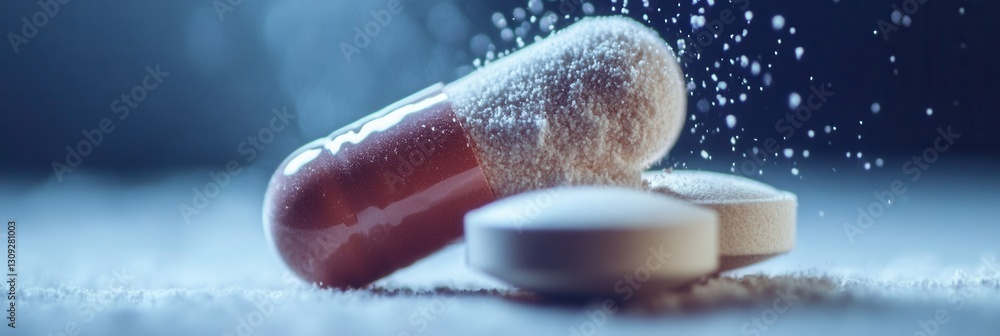 Poster macro view of a half opened pill releasing powder with detailed textures and a cinematic backdrop in
