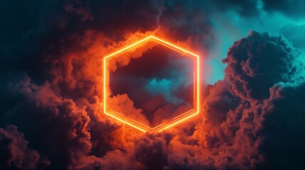 Hexagonal neon cloudscape art vibrant orange teal. AI generated AI generated